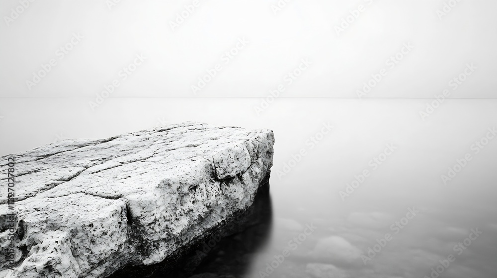 Poster misty horizon over calm waters with rocky cliff edge in monochrome tones : generative ai