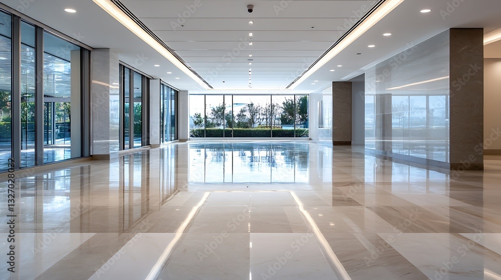 Poster modern spacious indoor space featuring sleek marble floors and large windows with natural light stre