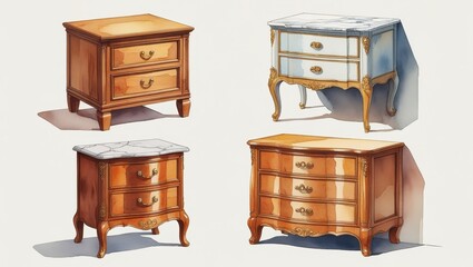 Elegant Collection of Antique Wooden Marble Chest of Drawers Nightstands French Style Furniture