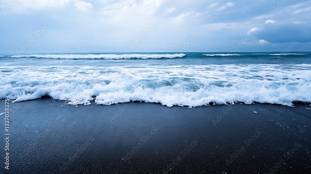 Poster Waves crashing on a sandy beach under cloudy skies creating a serene coastal scene : Generative AI