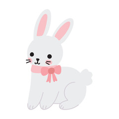 Cute baby rabbit with a pink ribbon bow collar. Naive hand drawn childish drawing vector illustration for Easter isolated on white background