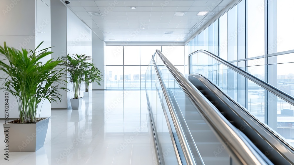 Aufkleber bright and spacious interior of a modern office building with escalators and lush greenery : generat