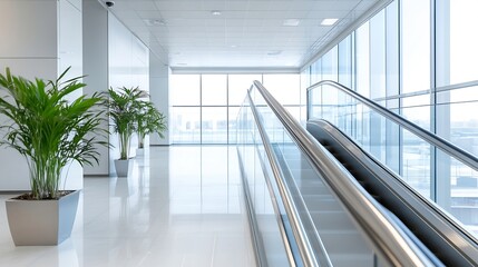 Obraz premium Bright and spacious interior of a modern office building with escalators and lush greenery : Generative AI