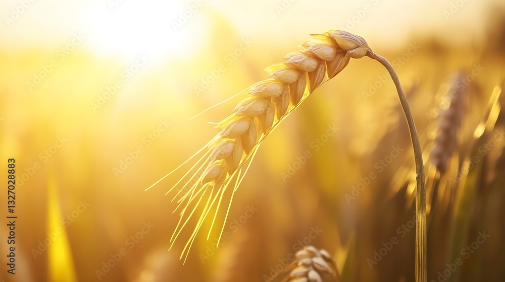 Poster closeup view of golden wheat spikelet catching glimmers of sunlight : generative ai