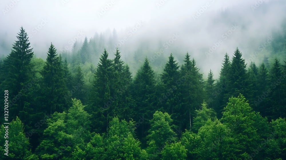 Aufkleber misty forest landscape showcasing lush green trees shrouded in fog creating a mystical aura : genera