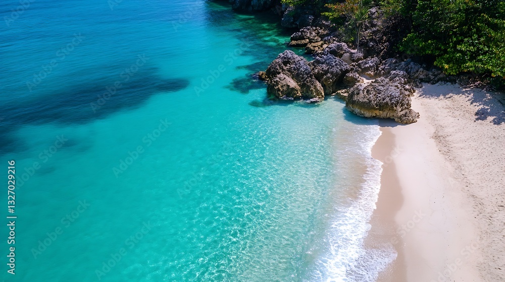 Poster a breathtaking aerial view of a pristine beach with turquoise waters lapping against a sandy shore :