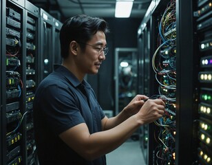 Focused Japanese IT Technician Inspecting Server Cables in a Data Center for Optimal Network Performance