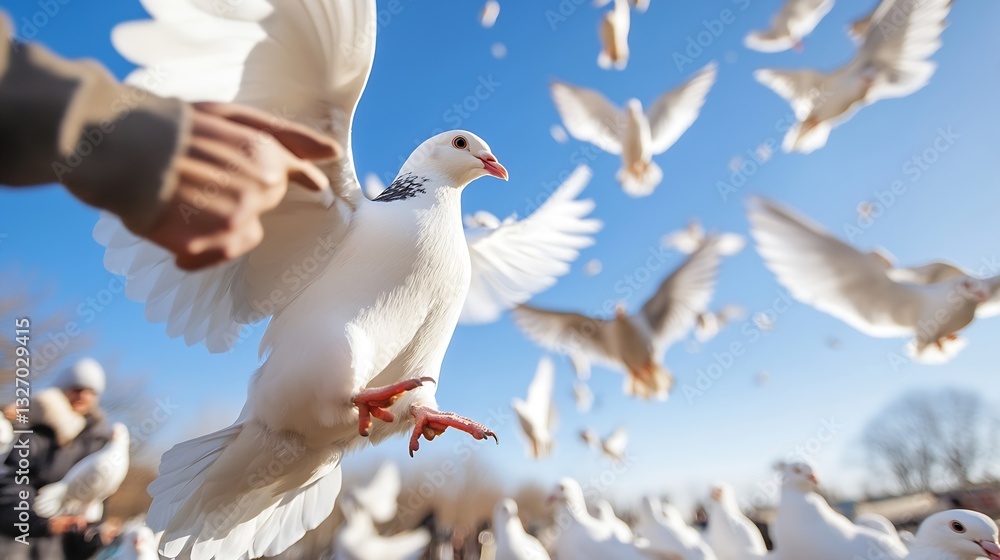 Poster captivating scene of white doves taking flight against a blue sky background in nature : generative 