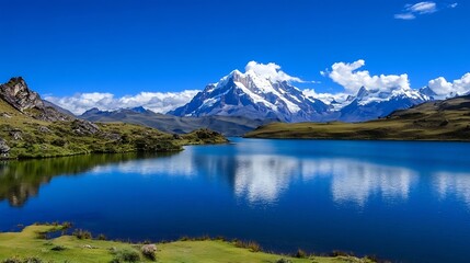 Majestic panorama featuring towering snow capped mountains reflected in a serene blue lake : Generative AI