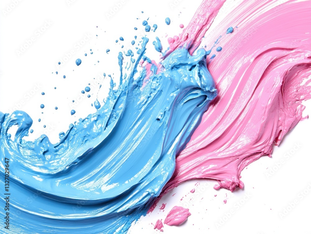 Poster vibrant splash of blue and pink paint creating a dynamic abstract design on a clean white backdrop p