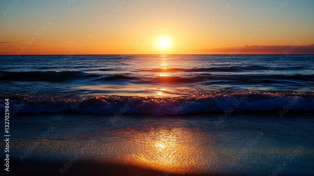 Poster stunning beach sunset with vivid colors reflecting on the water creating a tranquil scene : generati