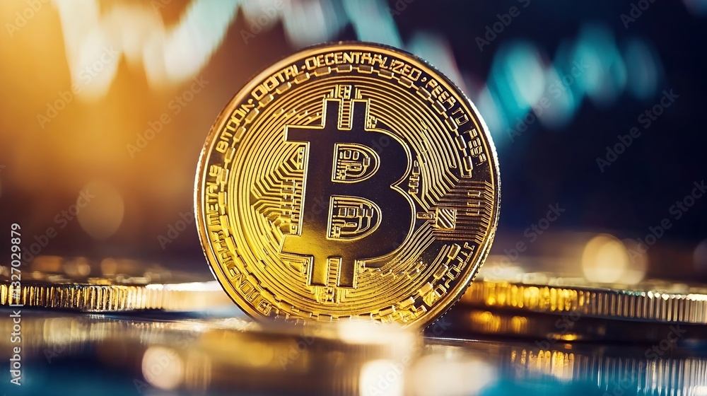 Poster detailed view of a shiny bitcoin coin symbolizing digital currency and modern investment trends : ge