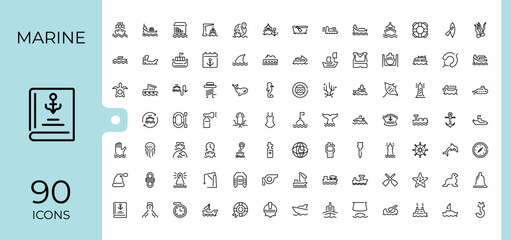 Marine modern icons. Includes thin line anchor, ocean, nautical, sail, water, ship, fish and more. Set of line pictogram. Sea icon. Minimalistic icon collections.