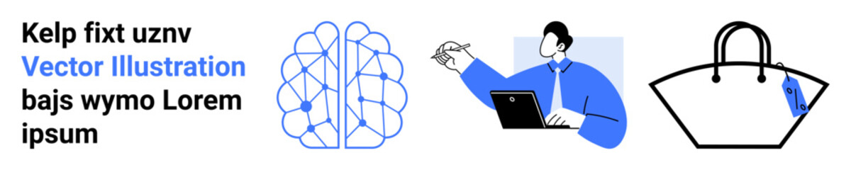 Abstract brain network design, person working on a laptop pointing to an idea, and a simple black handbag with a tag. Ideal for innovation, tech, fashion, brainstorming, marketing, shopping flat