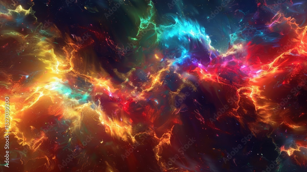 Poster abstract cosmic explosion with bright lights and particles on dark background. digital artwork of ex