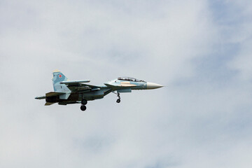 A modern Russian strike fighter flying in the sky. Military aircraft of the Russian Air Force
