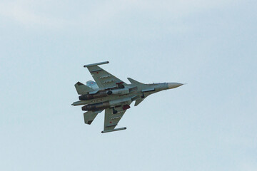A modern Russian strike fighter flying in the sky. Military aircraft of the Russian Air Force