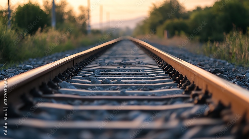 Poster Close up view of railway tracks stretching into the distance surrounded by lush greenery and soft evening light : Generative AI