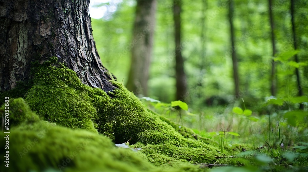 Poster lush green moss covering sturdy tree roots in a vibrant forest setting : generative ai