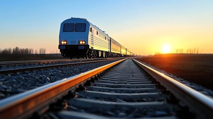 Obraz premium Majestic freight train traveling along railroad tracks at sunset with a vibrant sky providing a stunning backdrop : Generative AI