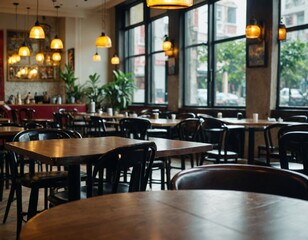 Cozy Cafe Interior with Wooden Tables and Chairs, Offering a Relaxing Atmosphere for Dining and Socializing