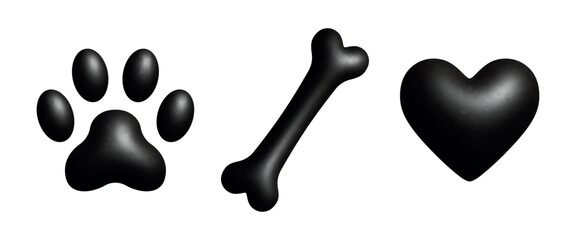 Black 3d glossy icons set, paw print, bone, heart, isolated on white background. © Тима Рябец