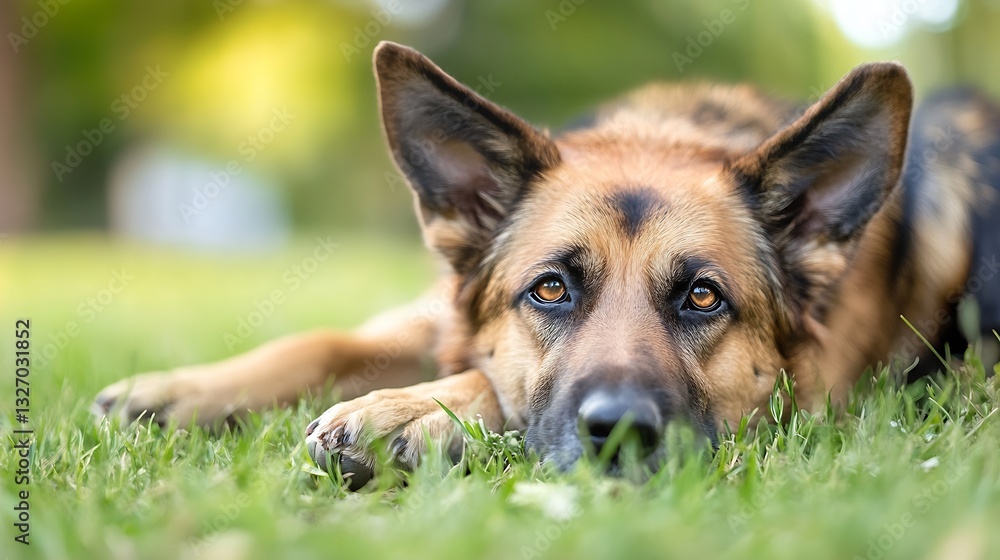 Poster adorable german shepherd lying on the grass displaying loyalty and affection in a peaceful setting :