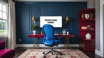 A modern home office featuring a blue ergonomic chair, a stylish wooden desk, and decorative shelving that enhances the workspace