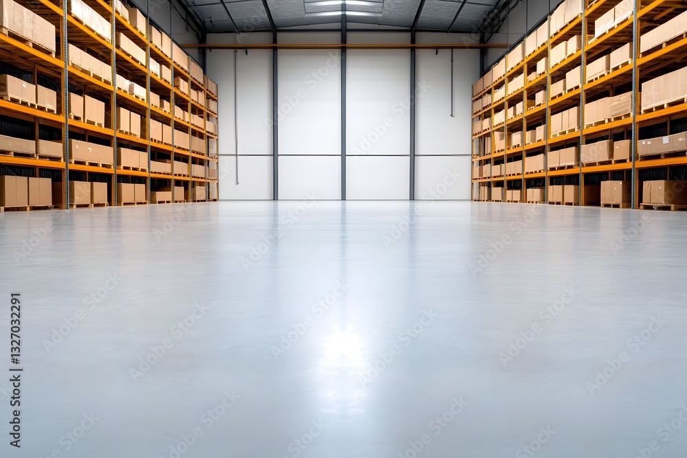 Poster vast cavernous empty warehouse with towering shelving units and expansive open layout with minimalis