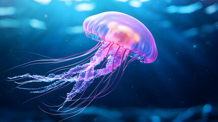 Fototapeta premium Glowing Pink Jellyfish in a Dark Blue Ocean
