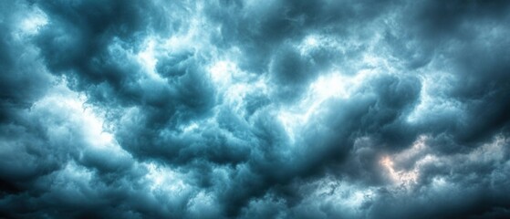 Dramatic stormy sky with dark teal clouds and bright light shining through the openings creating a moody atmosphere