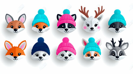 Cute Animal Faces in Winter Hats: Fox, Bear, Deer, Raccoon Illustrations