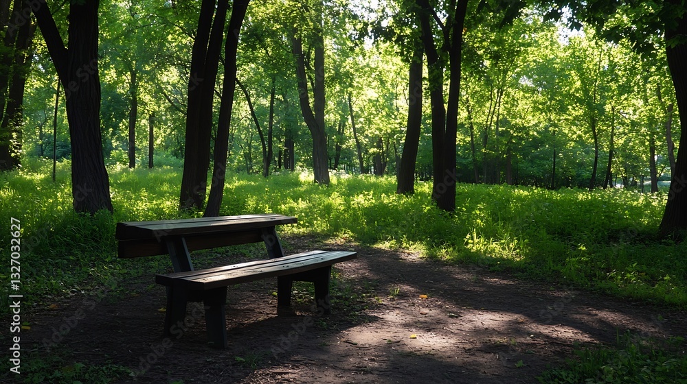 Poster serene park scene with wooden bench surrounded by lush greenery and sunlight filtering through the t