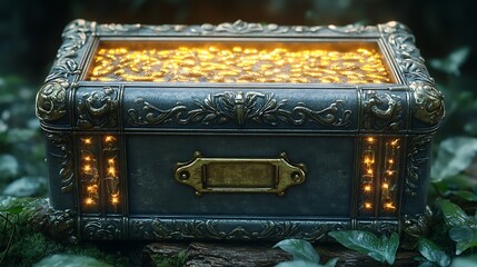 Enchanted Ornate Treasure Chest Filled with Glowing Gold in a Mystical Forest Setting