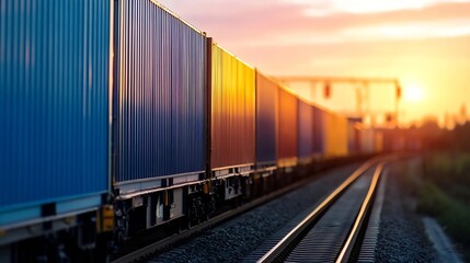 Fototapeta premium Colorful cargo containers lined up along the railway tracks at sunset creating urban industrial scenery : Generative AI