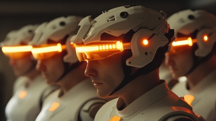 Futuristic humanoid robots with glowing visors and sleek armor