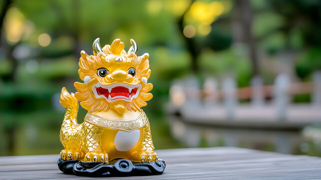 Golden Pixiu Statue in a Garden Setting