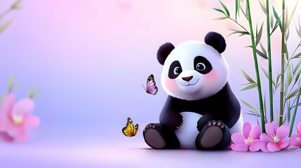Adorable Baby Panda Watercolor Illustration with Pink Flowers and Butterflies
