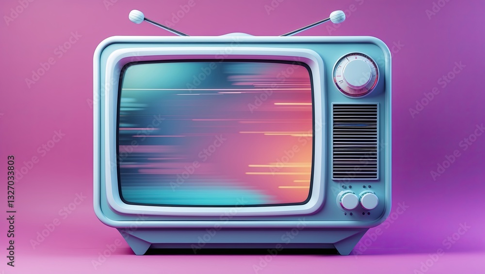 Poster a retro television with a dynamic abstract screen displaying vibrant streaks of color, set against a