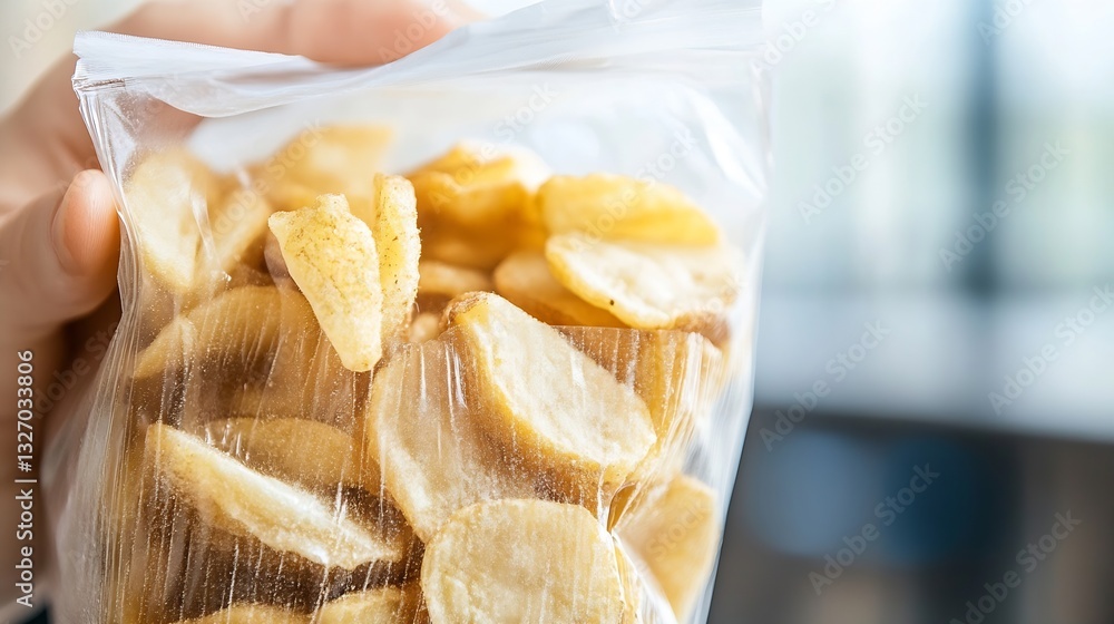 Poster freshly packaged crispy snack bites perfect for on the go snacking in a clear plastic bag : generati