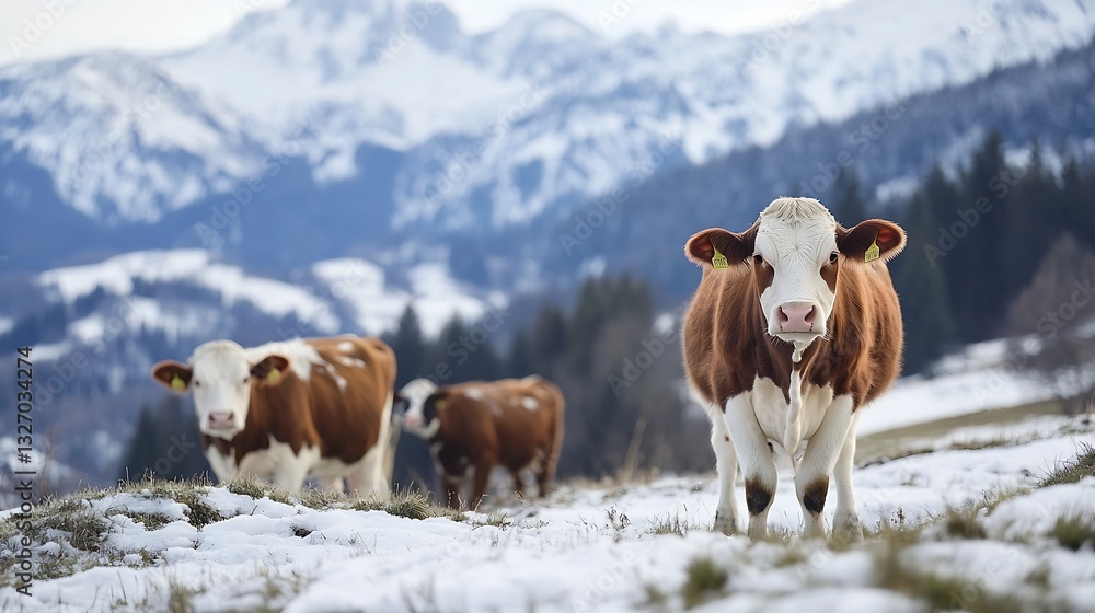 Poster Four playful brown and white cows grazing in a snowcovered field with a stunning mountain backdrop : Generative AI