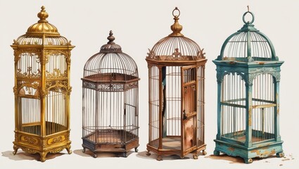 Antique Birdcages Collection Ornate Gold Rustic Wood and Weathered Teal Designs