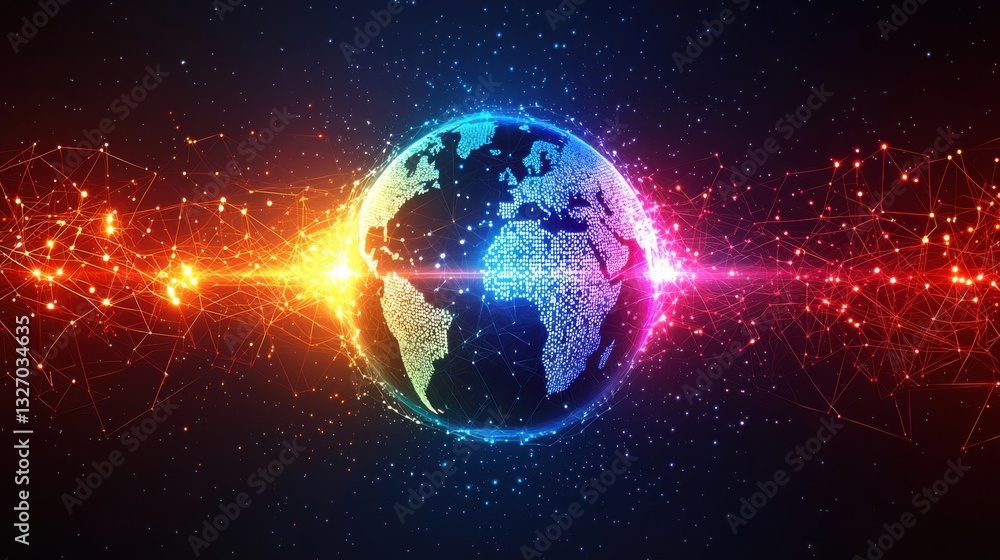 Poster a connected digital world with vibrant networks and a cosmic backdrop creates a futuristic technolog