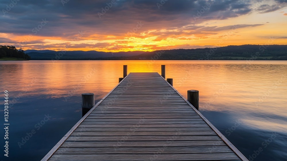 Aufkleber stunning sunset view from a wooden dock extending over calm lake waters reflecting the sky : generat