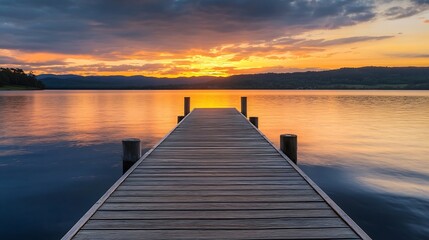 Naklejka premium Stunning sunset view from a wooden dock extending over calm lake waters reflecting the sky : Generative AI