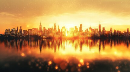 Fototapeta premium Golden Sunrise Over Urban Skyline Reflecting on Calm Water