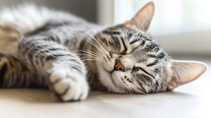 Cute sleeping tabby cat peacefully resting on a sunlit wooden floor : Generative AI