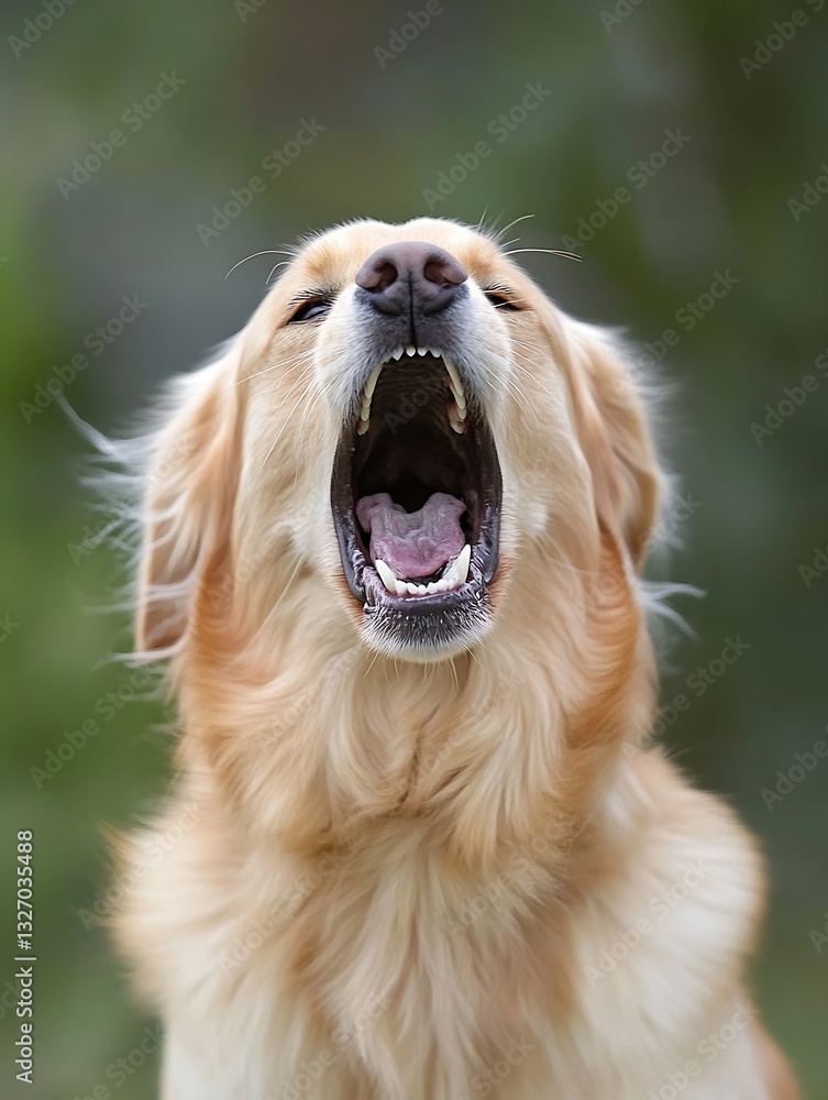 Poster Golden retriever yawning with an open mouth showcasing its soft fur and friendly demeanor : Generative AI