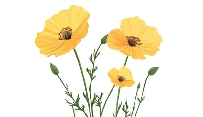 Naklejka premium Bright Yellow Poppies Floral Illustration White Background