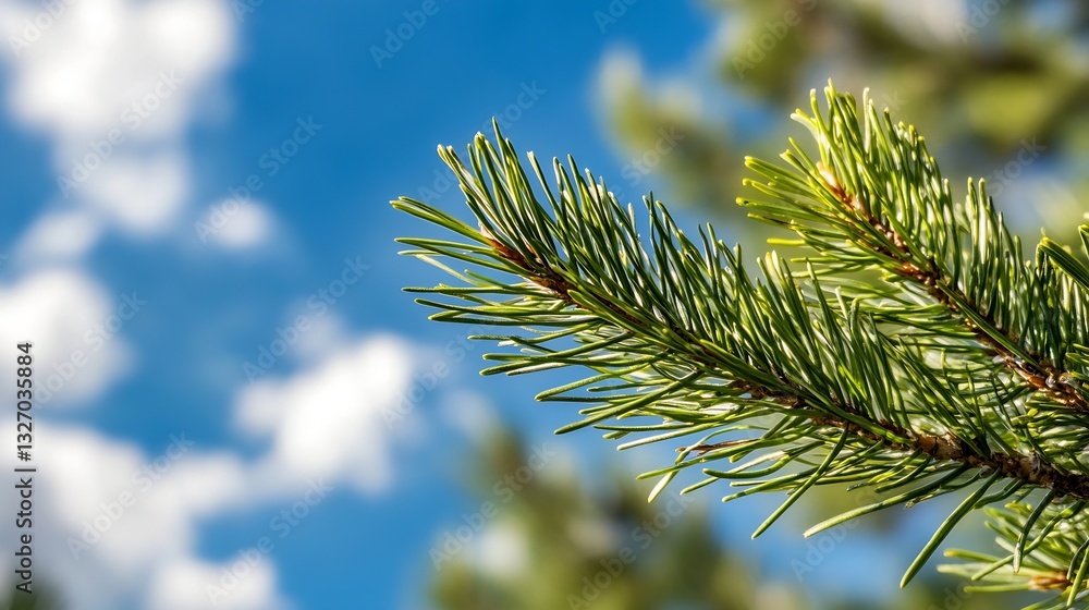 Poster closeup of green pine branch against a blue sky with fluffy clouds : generative ai